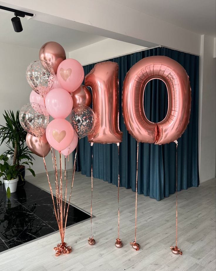 Rose Gold Bouquet with Number 10 Balloons